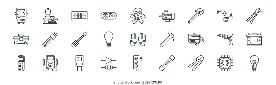 linear electrician tools icon pack. vector thin line circuit, electrician service, switch, broken cable, led lamp, accumulator, extension cord, light bulb icons suitable for apps and websites ui