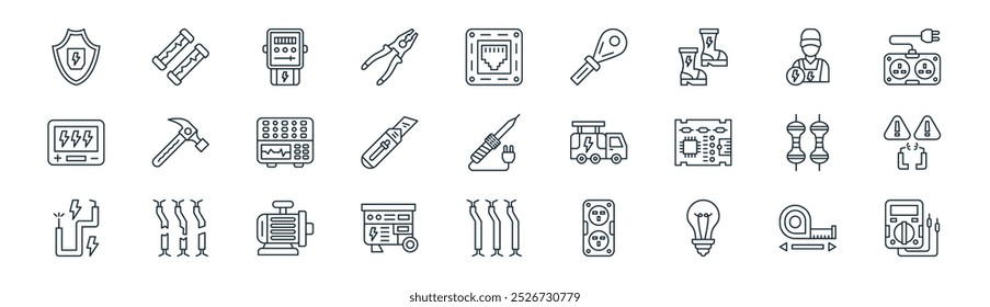 Vector de la cinta métrica de la línea fina, fusible, metro eléctrico, electricista, cortador, peligro, cableado, iconos del probador convenientes para los App y los Sitios web