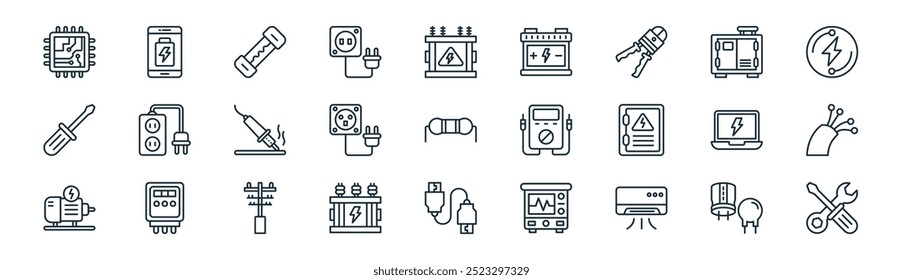 pacote de ícone de eletricidade linear. capacitor de linha fina vetor, carregador de smartphone, fusível, micro-ondas, tomada de parede, cabo, cabo hdmi, ícones de ferramentas adequados para aplicativos e sites projetos de iu