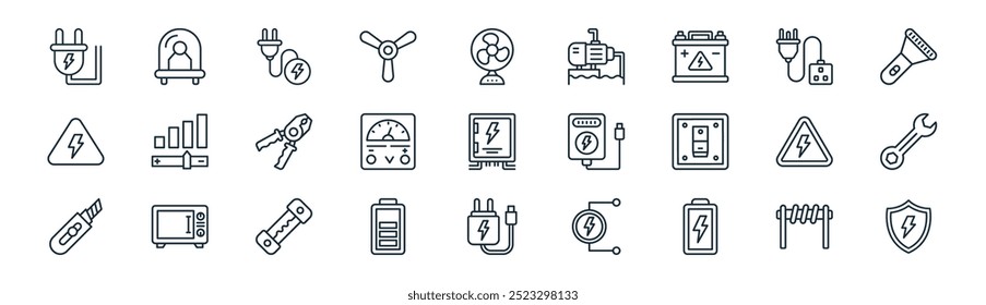 Vector de línea delgada inductor, diodo, cable, cable de alimentación, indicador de voltaje, llave, adaptador, iconos de seguridad adecuados para App y Sitios web UI diseños