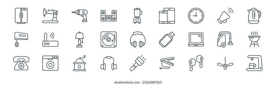 linear electronic device icon pack. vector thin line fan, sewing hine, hand drill, megaphone, record, grill, torch, coffee maker icons suitable for apps and websites ui designs