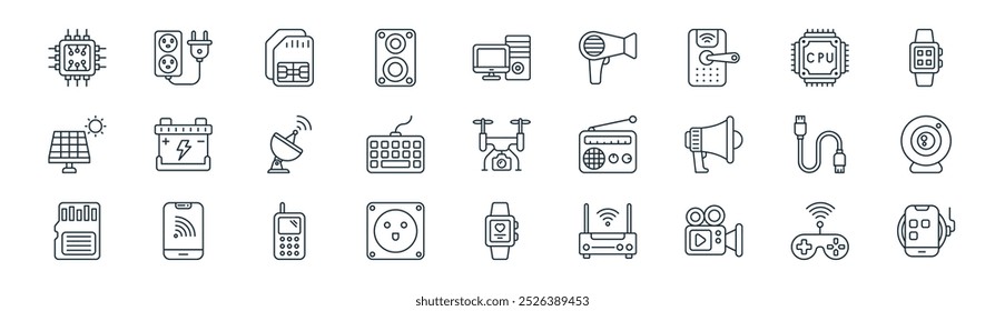 linear electronics device icon pack. vector thin line game controller, plug,  , cpu, keyboard, webcam, smart watch, wireless charger icons suitable for apps and websites ui designs