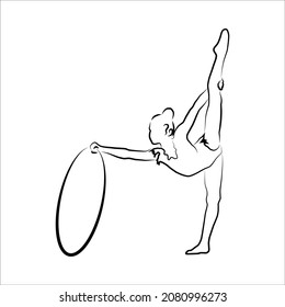 A linear elegant drawing of a gymnast. The girl is practicing in gymnastics with a hoop. On an abstract background.