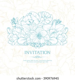 Linear elegant  floral background. Sketch spring flowers composition Vector illustration bloom garden bouquet Template greeting card, wedding invitation, banner, packaging design with spring flowers.