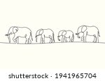 Linear elephant herd. Animal family outline. Continuous single line