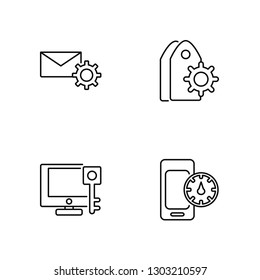 Linear Email, Keywords, Tags, Speedometer Vector Illustration Of 4 outline Icons. Editable Pack Of Email, Keywords, Tags, Speedometer