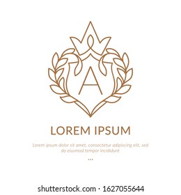 Linear emblem with shield crown. Elegant, classic vector. Can be used for jewelry, beauty and fashion industry. Great for logo, monogram, invitation, flyer, menu, background, or any desired idea.