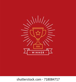 Linear emblem with winner cup, sunburst and ribbon on red background. Champion trophy, golden award logo. Victory, success symbol.