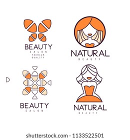 Linear emblems for beauty or cosmetics salon with orange fill. Vector geometric logos with abstract patterns and girls silhouettes