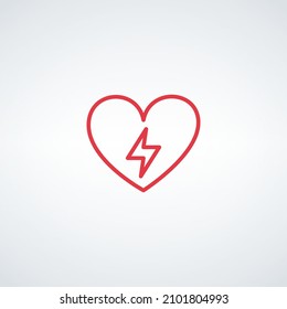 Linear Emergency first aid defibrillator sign. Red heart with lightning icon. Editable stroke. Stock vector illustration isolated