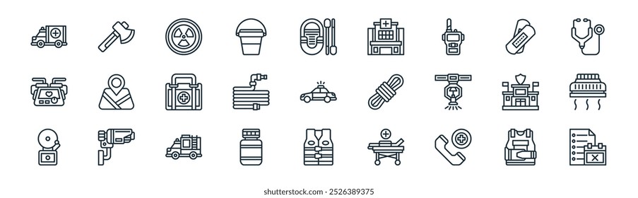 linear emergency services icon pack. vector thin line bulletproof, axe, radiation, band aid, water hose, smoke detector, life jacket, plan icons suitable for apps and websites ui designs