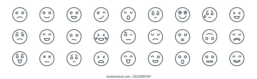 linear emoticon icon pack. vector thin line worried, smile emot, happy face, sweat, laugh, sad face, happy, happy face icons suitable for apps and websites ui designs