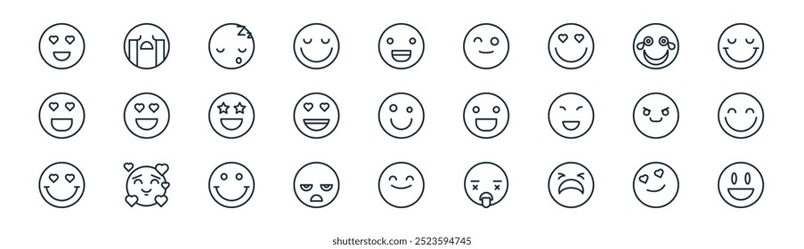 linear emoticon icon pack. vetor linha fina no amor, chorar, sonolento, chorando, no amor, feliz, sorriso, ícones felizes adequados para aplicativos e sites projetos de iu