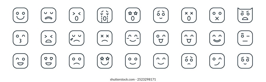 lineares emoticons ícone pack. vetor linha fina feliz, triste, irritado, silêncio, cansado, espantado, feliz, preocupação ícones adequados para aplicativos e sites projetos de iu