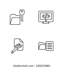 Linear Encripted file, Script, Monitor, File Vector Illustration Of 4 outline Icons. Editable Pack Of Encripted file, Script, Monitor, File