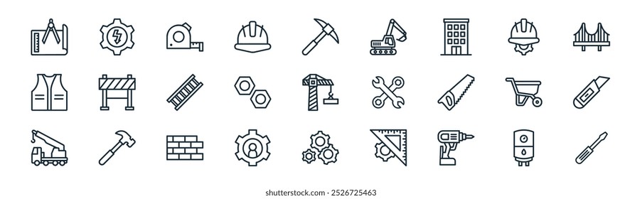 engenharia linear ícone pack. vetor de linha fina caldeira, engenharia, medida, engenheiro, nuts, lâmina, engenharia, parafuso ícones adequados para aplicativos e sites projetos de iu