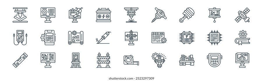 engenharia linear ícone pack. vetor de linha fina máscara de solda, cad, análise de dados, apresentação, soldagem, livro, fita de medição, ícones de aorithm adequado para aplicativos e sites projetos de iu