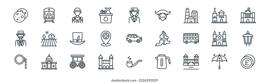 linear england icon pack. vetor linha fina guarda-chuva, trem, soldado, igreja, localização, lâmpada, fumaça pipe, libra ícones adequados para aplicativos e sites projetos de iu