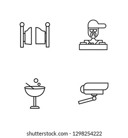 Linear Entrance, Cocktail, DJ, Security camera Vector Illustration Of 4 outline Icons. Editable Pack Of Entrance, Cocktail, DJ, Security camera