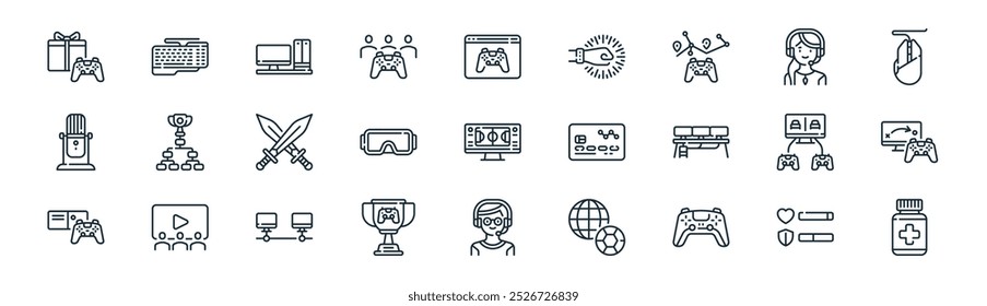 lineares esports ícone pack. vetor linha fina jogo, teclado, computador, gamer, óculos vr, jogo, gamer, ícones pílulas adequado para apps e sites projetos de iu