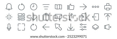 linear essential ui icon pack. vector thin line layer, rotate left, clock, more, clipboard, upload, cursor, volume up icons suitable for apps and websites ui designs