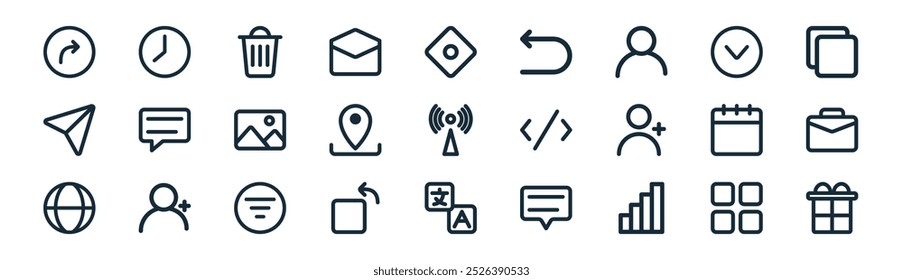 lineares essentials icon pack. vetor linha fina livro, tempo, bin, baixo, localização, pasta, fala, ícones de presente adequados para aplicativos e sites projetos de iu