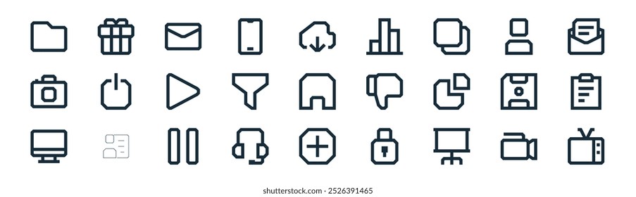 lineares essentials ui icon pack. vetor câmera fina linha, presente, correio, usuário, funil, área de transferência, mais, ícones de tv adequados para aplicativos e sites projetos de iu