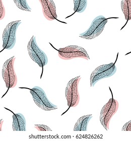 The linear ethnic background with feathers. Seamless pattern on 