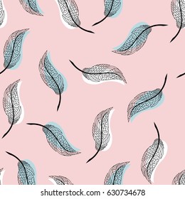 Linear ethnic background with white and blue feathers. Seamless pattern on a pink background. Vector illustration
