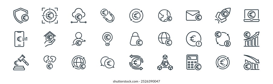 linear euro icon pack. vetor thin line euro, alvo, mineração em nuvem, lançamento de foguetes, inovação, gráfico, fluxo de dinheiro, diminuir ícones adequados para aplicativos e sites