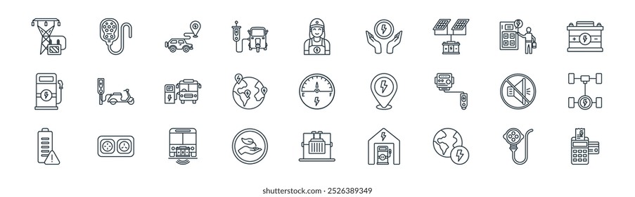 linear ev station icon pack. vector thin line plug, plug, location, power station, map, chassis, transformer, invoice icons suitable for apps and websites ui designs