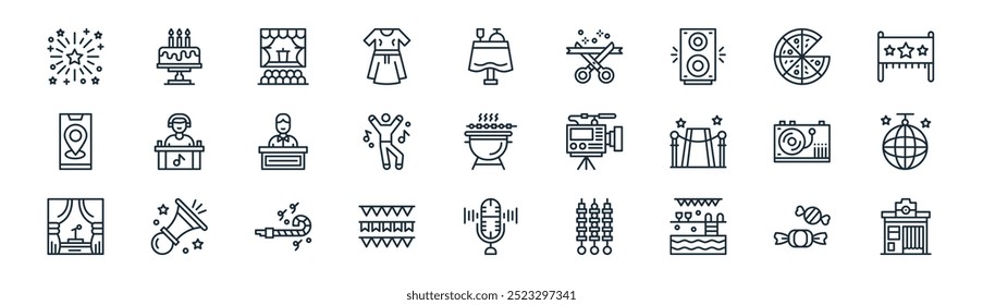 linear events icon pack. vector thin line candy, birthday cake, auditorium, pizza, dancer, disco ball, microphone, photo booth icons suitable for apps and websites ui designs