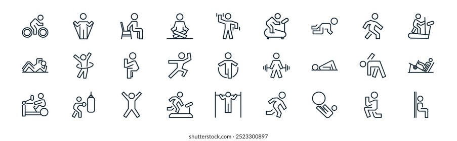 linear exercise icon pack. vector thin line lunge, resistance band, exercise, walk, tai chi, leg press, pull up, exercise icons suitable for apps and websites ui designs