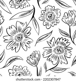 Flores exóticas lineales sin costura. Ornamento dibujado a mano en estilo oriental, indio con crisantemo, flores de aster o peonies. Motivos florales al estilo del pincel. Plantas vectoriales decoradas. 