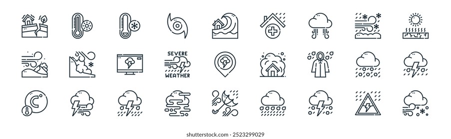 linear extreme weather icon pack. vetor aviso linha fina, temperatura quente, congelamento, nevasca, tempo severo, tempestade, guarda-chuva quebrado, ícones de tempestade de neve adequados para aplicativos e sites