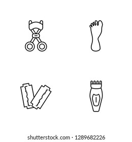 Linear Eyelashes Curler, Big Razor Blade, One Foot, Electric Shaver Vector Illustration Of 4 outline Icons. Editable Pack Of Eyelashes Curler, Big Razor Blade, One Foot, Electric Shaver