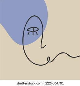 Cara lineal y forma abstracta. Ilustración minimalista de una cara sobre un fondo pastel. Dibujo de una línea. Diseño plano, dibujos animados.