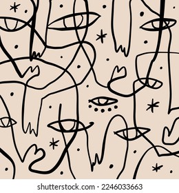 Linear face boho vector artistic abstract modern art, sacred human soul minimalist artisan hand drawn silhouette, mystical spell esoteric aesthetics bohemian hippie logo or label concept 