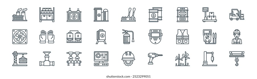 lineares Werkssymbol-Paket. Vektor dünne Linie mechanische, Regale, Batterie, Gewichtswaage, Wassertank, Arbeiter, Helm, Haken Icons geeignet für Apps und Websites ui Designs