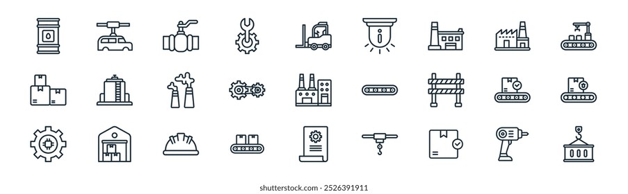 linear fábrica ícone pack. vetor linha fina mão broca, montagem, válvula, fábrica, correia de sincronização, rejeição, manutenção, gancho ícones adequados para aplicativos e sites projetos de iu