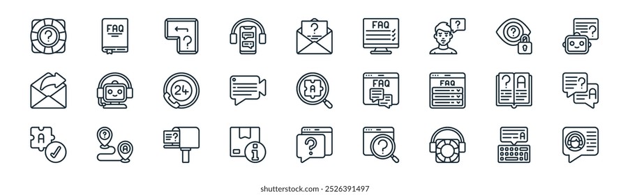linear faq icon pack. vector thin line answer, book, questions, private, video chat, messages, faq, chat icons suitable for apps and websites ui designs