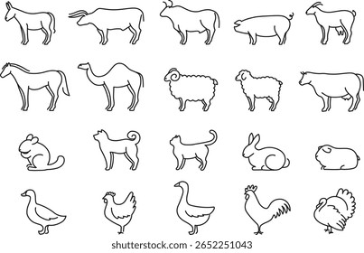 Linear farm and domestic animals. One continuous line donkey, bull, pig, goat, horse and camel. Sheep, lamb and cow. Dog, cat and guinea pig pets. Minimal mammals and birds vector illustrations set.
