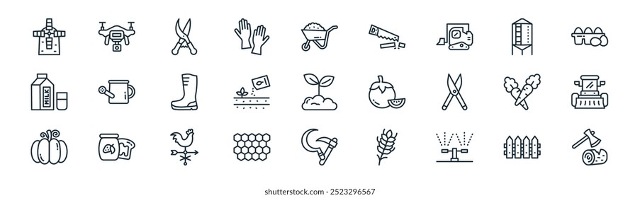 linear farming icon pack. vector thin line fence, drone, pruners, silo, seeding, combine harvester, sickle, wood axe icons suitable for apps and websites ui designs