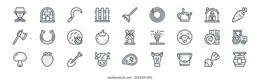 Vector de nabo de línea delgada, invernadero, hoz, granero, tomate, tractor, carne, iconos de colmena adecuados para App y Sitios web UI diseños