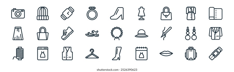 linear fashion icon pack. vector thin line bag, hat, watch, uniform, sandals, suit, shoe, strap icons suitable for apps and websites ui designs