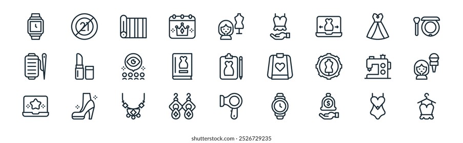 linear fashion week icon pack. vector thin line swimsuit, age limit, fabric, dress, fashion, journalist, hairdryer, top icons suitable for apps and websites ui designs