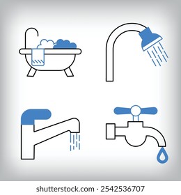 Linear faucet, shower head and bathtub icon set. Different designs of household materials and appliances.