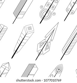 Linear feathers pattern. Hipster vintage feather pattern, illustration of feather in line style can be used in men fashion. Vector illustration.