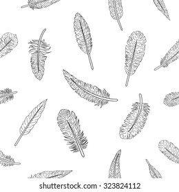 Linear feathers pattern. Seamless texture. Isolated on white background. Vector illustration.