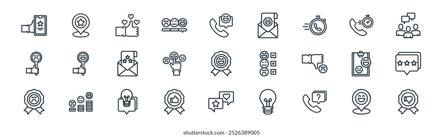 linear feedback icon pack. vector thin line location, location, thumbs up, quick response, feedback, rating, chat, badge icons suitable for apps and websites ui designs